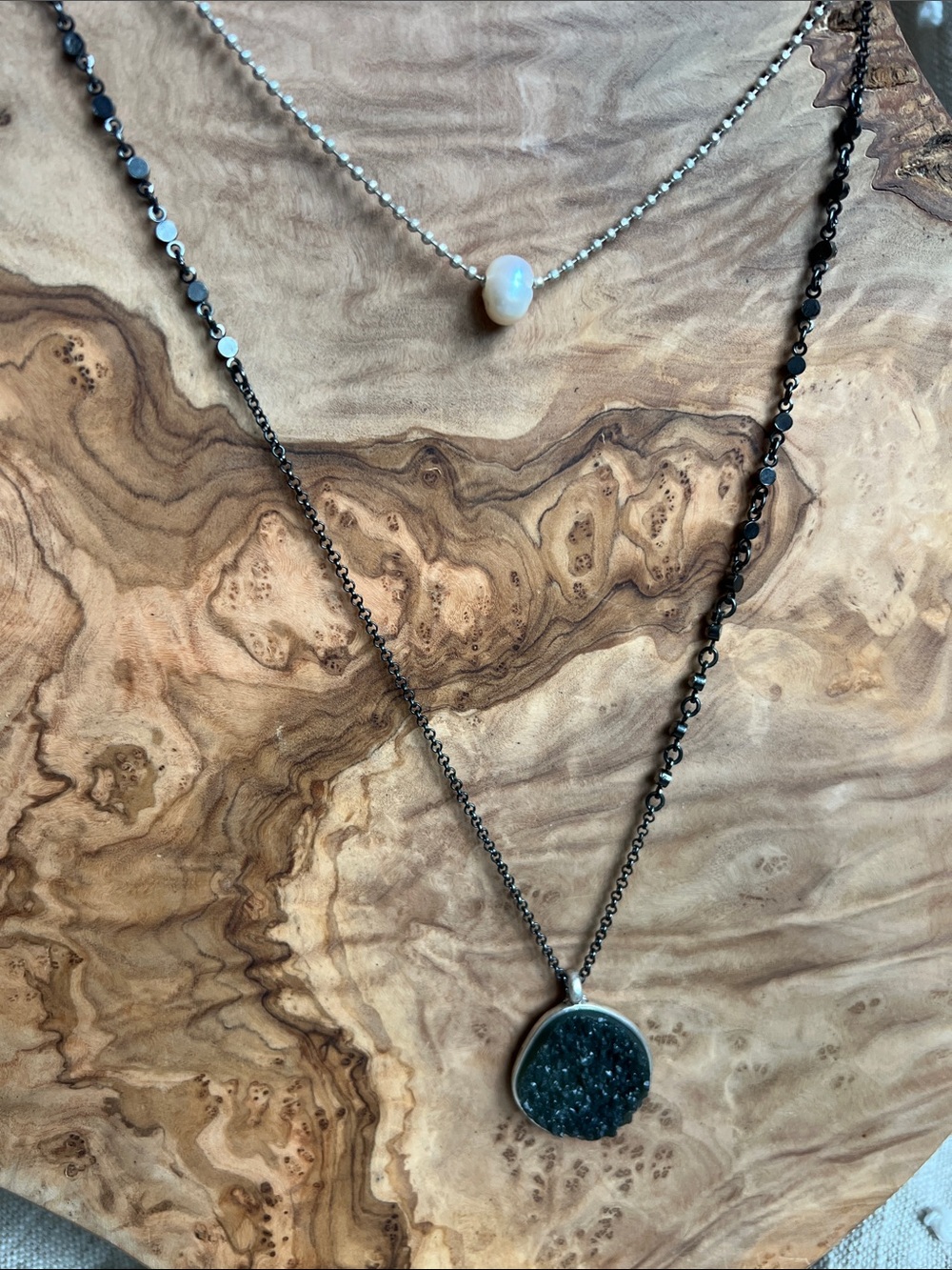 Layered Black Druzy Pendant Necklace with White Pearl Accent